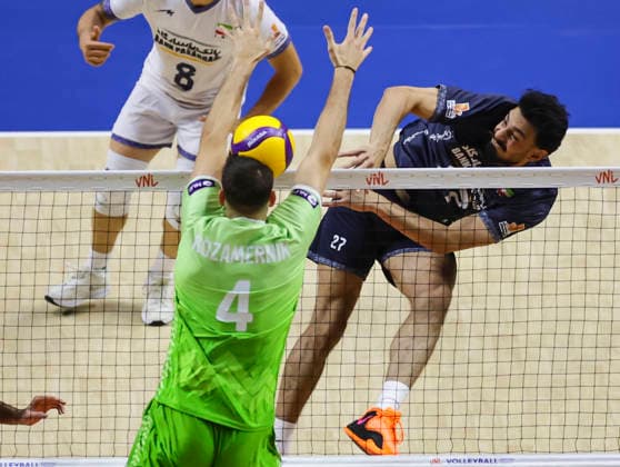WomenÕs Volleyball Nations League - Belgrade 2026 IranÕs Ali Hajipour MoghadDam FaroUji spikes the ball against Slovenia s Jan Kozamernik during the MenÕs Volleyball Nations League Pool 7 match between Iran and Slovenia at Belgrade Arena on July 17, 2026 in Belgrade, Serbia. Belgrade Serbia Copyright: xSrdjanxStevanovicx x