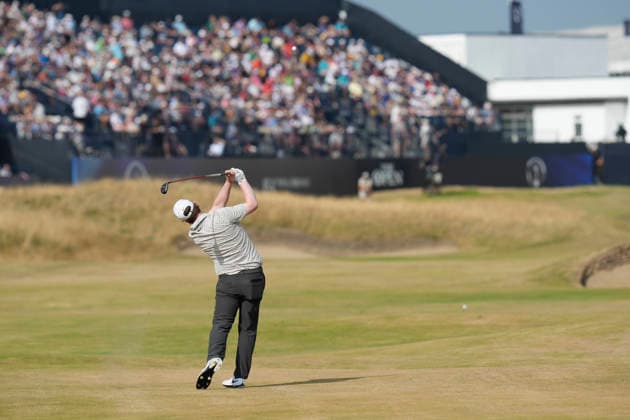 SOUTHPORT, ENGLAND - JULY 17: Robert Macintyre (SCO) plays from the eighteenth fairway during Round 2 of the 154th Open Championship at the Royal Birkdale Golf Club, Southport on July 17, 2026 in Merseyside, England The 154th British Open Championship
