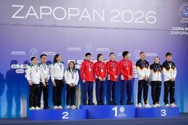Mexico Diving Cup in Zapopan Athletes representing China, first place, Mexico, second place, and Germany, third place, pose during the mixed team event awards ceremony at the Mexico Diving Cup at the Metropolitan Aquatic Center in Zapopan, Jalisco, Mexico, 17 July 2026. ZAPOPAN Mexico  Copyright: xFRANCISCOxGUASCOx
