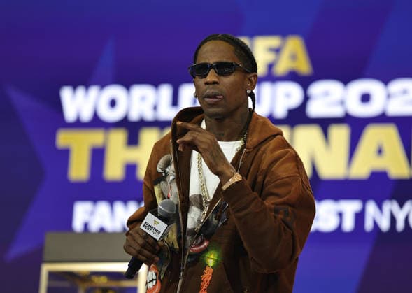 July 17, 2026, New York, New York, USA: Rapper Travis Scott during a special FIFA World Cup, WM, Weltmeisterschaft, Fussball Final press conference, PK, Pressekonferenz event at Fanatics Fest at the Jacob Javitz Center on Friday, July 17, 2026; New York, New York, USA. New York USA - ZUMAs325 20260717_zsp_s325_062 Copyright: xJessxStilesx