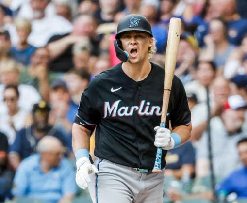 Miami Marlins first baseman Kyle Stowers reacts as he is called out on strikes in the second inning of the MLB, Baseball Herren, USA game between the Miami Marlins and the Milwaukee Brewers at American Family Field in Milwaukee, Wisconsin on Friday July 17, 2026.  MIL20260717809 TANNENxMAURY