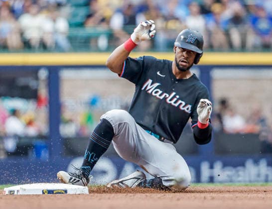 Miami Marlins shortstop Otto Lopez slides into second base with a double in the fourth inning of the MLB, Baseball Herren, USA game between the Miami Marlins and the Milwaukee Brewers at American Family Field in Milwaukee, Wisconsin on Friday July 17, 2026.  MIL20260717814 TANNENxMAURY