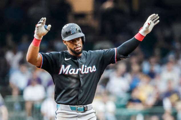 Miami Marlins shortstop Otto Lopez reacts after hitting a double in the fourth inning of the MLB, Baseball Herren, USA game between the Miami Marlins and the Milwaukee Brewers at American Family Field in Milwaukee, Wisconsin on Friday July 17, 2026.  MIL20260717815 TANNENxMAURY