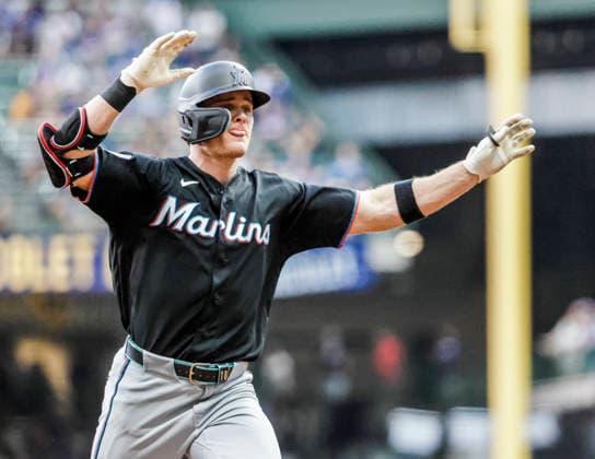 Miami Marlins right fielder Griffin Conine reacts as he runs the bases after hitting a home run in the fifth inning of the MLB, Baseball Herren, USA game between the Miami Marlins and the Milwaukee Brewers at American Family Field in Milwaukee, Wisconsin on Friday July 17, 2026.  MIL20260717820 TANNENxMAURY