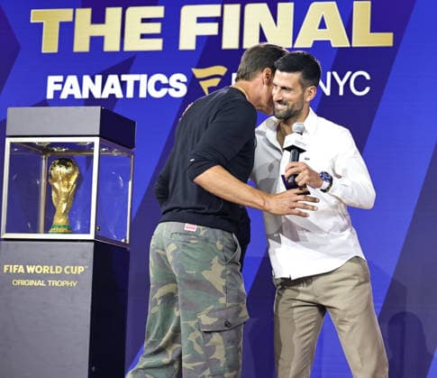 July 17, 2026, New York, New York, USA: Retired football star Tom Brady and tennis star Novak Djokovic during a special FIFA World Cup, WM, Weltmeisterschaft, Fussball Final press conference, PK, Pressekonferenz event at Fanatics Fest at the Jacob Javitz Center on Friday, July 17, 2026; New York, New York, USA. New York USA - ZUMAs325 20260717_zsp_s325_168 Copyright: xJessxStilesx