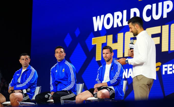 Spain v Argentina - FIFA World Cup, WM, Weltmeisterschaft, Fussball 2026 Final Press Conferences NEW YORK, UNITED STATES - JULY 17: Emiliano Martinez, Lionel Messi and Lionel Scaloni, head coach of Argentina, are seen as Serbian tennis player Novak Djokovic (R) speaks during a press conference, PK, Pressekonferenz ahead of the FIFA World Cup 2026 Final match between Spain and Argentina at Fanatics Fest at Javits Center in New York, United States on July 17, 2026. Evrim Aydin Anadolu New York United States. Editorial use only. Please get in touch for any other usage.  Copyright: x2026xAnadoluxEvrimxAydinx