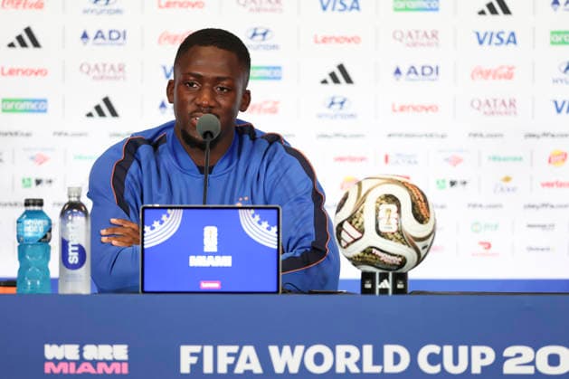 (260718) -- MAIAMI, July 18, 2026 -- Ibrahima Konate of France attends a press conference, PK, Pressekonferenz ahead of the bronze final match between France and England at the 2026 FIFA World Cup, WM, Weltmeisterschaft, Fussball in Miami, the United States, July 17, 2026. ) (SP)U.S.-MIAMI-FOOTBALL-FIFA WORLD CUP-TEAM FRANCE-PRESS CONFERENCE HuxXingyu 