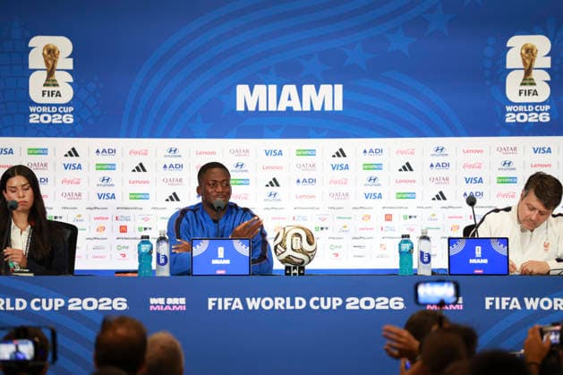 (260718) -- MAIAMI, July 18, 2026 -- Ibrahima Konate (C) of France attends a press conference, PK, Pressekonferenz ahead of the bronze final match between France and England at the 2026 FIFA World Cup, WM, Weltmeisterschaft, Fussball in Miami, the United States, July 17, 2026. ) (SP)U.S.-MIAMI-FOOTBALL-FIFA WORLD CUP-TEAM FRANCE-PRESS CONFERENCE HuxXingyu 
