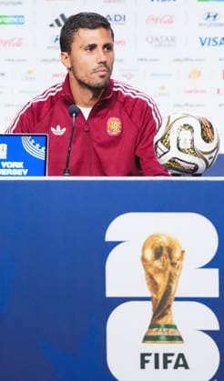 (260718) -- NEW YORK, July 18, 2026 -- Rodri of Spain attends a press conference, PK, Pressekonferenz ahead of the final match between Argentina and Spain at the 2026 FIFA World Cup, WM, Weltmeisterschaft, Fussball in New York, the United States, July 17, 2026. ) (SP)U.S.-NEW YORK-FOOTBALL-FIFA WORLD CUP-TEAM SPAIN-PRESS CONFERENCE XuxChang 