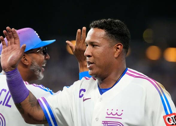 July 17, 2026: Kansas City Royals catcher Salvador Perez (13) celebrates the win against the Padres at Kauffman Stadium Kansas City, Missouri. CSM. Kansas City United States - ZUMAc04_ 20260717_zma_c04_195 Copyright: xJonxRobichaudx