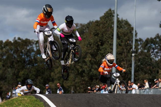 BMX WORLD CHAMPIONSHIPS, Laura Smulders of Netherlands, Sienna Pal of Australia and Manon Veenstra of Netherlands compete during the BMX World Championships at Brisbane SX International BMX Centre in Brisbane, Saturday, July 18, 2026. ( NO ARCHIVING, EDITORIAL USE ONLY BRISBANE QUEENSLAND AUSTRALIA  Copyright: xRUSSELLxFREEMANx 20260718119767752211