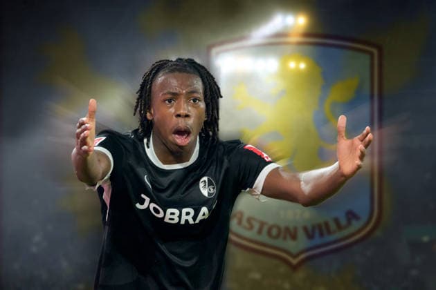 ACHTUNG FOTOMONTAGE: Johan MANZAMBI (SC Freiburg) wechselt zu Aston Villa. Archivfoto. Fussball 1.Bundesliga. *** ATTENTION: PHOTO MONTAGE — Johan MANZAMBI of SC Freiburg is transferring to Aston Villa. File photo: Soccer, Bundesliga 1
