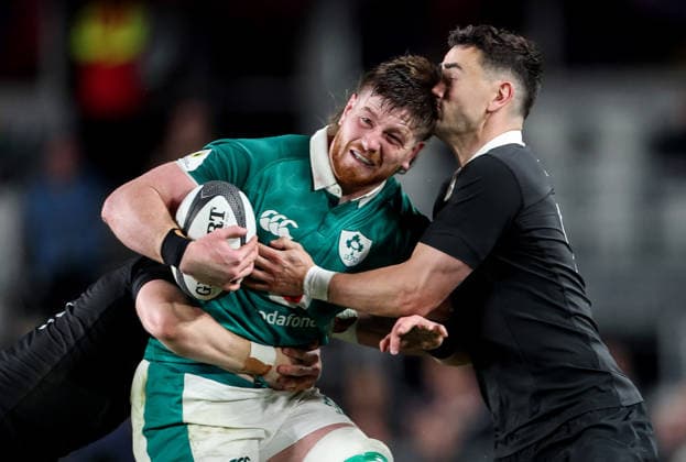 2026 Nations Championship Southern Hemisphere Series, Eden Park, Auckland, New Zealand 18 7 2026 New Zealand All Blacks vs Ireland Ireland s Joe McCarthy is tackled by Will Jordan of New Zealand Joe McCarthy is tackled by Will Jordan 18 7 2026  Copyright: xx 0S2A1685