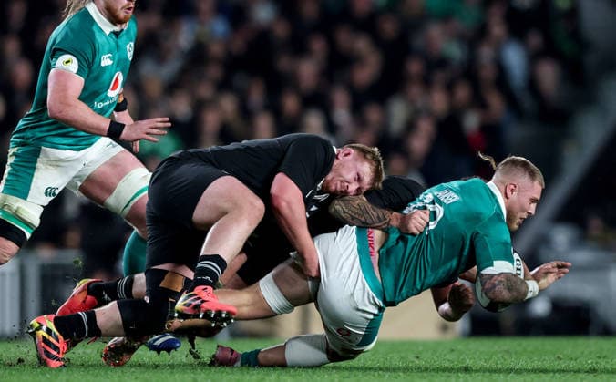 2026 Nations Championship Southern Hemisphere Series, Eden Park, Auckland, New Zealand 18 7 2026 New Zealand All Blacks vs Ireland Ireland s Sean Jansen is tackled by New Zealand s Fletcher Newell Sean Jansen is tackled by Fletcher Newell 18 7 2026  Copyright: xx 0S2A2406