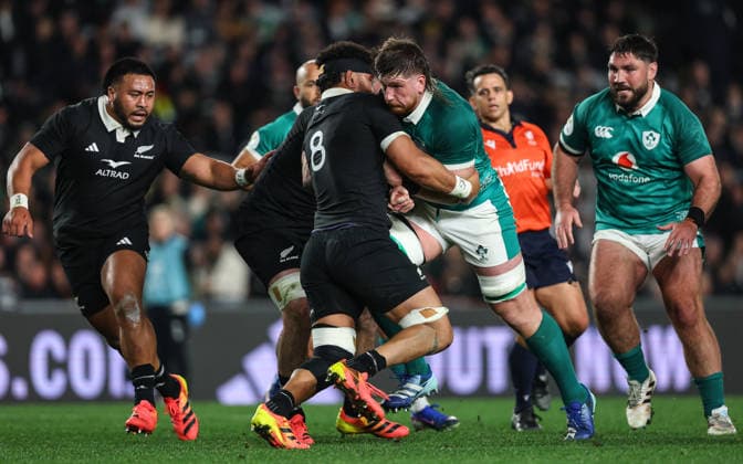 2026 Nations Championship Southern Hemisphere Series, Eden Park, Auckland, New Zealand 18 7 2026 New Zealand All Blacks vs Ireland Ireland s Joe McCarthy is tackled by New Zealand s Ardie Savea Joe McCarthy is tackled by Ardie Savea 18 7 2026  Copyright: xx BB3_0433