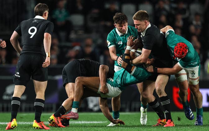 2026 Nations Championship Southern Hemisphere Series, Eden Park, Auckland, New Zealand 18 7 2026 New Zealand All Blacks vs Ireland Ireland s Robert Baloucoune is tackled by New Zealand s Josh Moorby and Jordie Barrett Robert Baloucoune is tackled by Josh Moorby and Jordie Barrett 18 7 2026  Copyright: xx BB3_8565