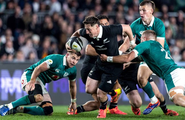 2026 Nations Championship Southern Hemisphere Series, Eden Park, Auckland, New Zealand 18 7 2026 New Zealand All Blacks vs Ireland New Zealand s Cameron Roigard is tackled by Ireland s Sam Prendergast and Sean Jansen Cameron Roigard is tackled by Sam Prendergast and Sean Jansen 18 7 2026  Copyright: xBrettxPhibbsx xwww.photosport.nzx 260718AllBlacksIreland_100