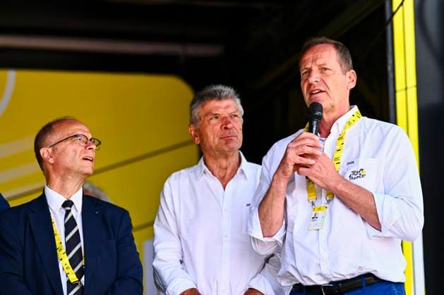 Tour de France 2026 Stage 14 LE MARKSTEIN, FRANCE - JULY 18 : Prudhomme Christian (FRA) director of ASO on the podium before the start of race during stage 14 of the 113rd edition of Tour de France an UCI World Tour 2.UWT cycling road race stage for Men Elite of 155 km with start in Mulhouse and finish in Le Markstein on July 18, 2026 in Le Markstein, France, 18 07 2026 ( Motordriver Kurt Vandenborre - Le Markstein France  Copyright: xGvgx