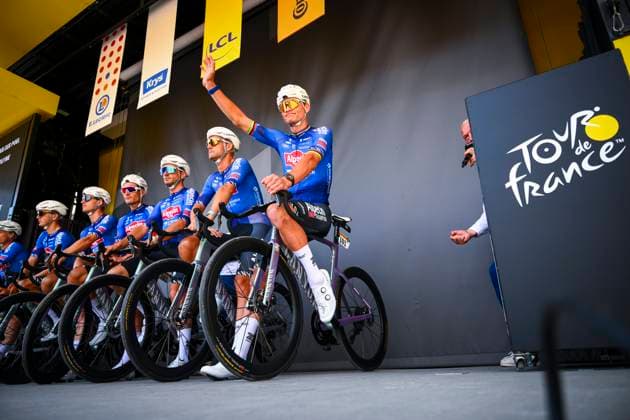 Tour de France 2026 Stage 14 LE MARKSTEIN, FRANCE - JULY 18 : Van Der Poel Mathieu (NED) of Alpecin - Premier Tech on the podium before the start of race during stage 14 of the 113rd edition of Tour de France an UCI World Tour 2.UWT cycling road race stage for Men Elite of 155 km with start in Mulhouse and finish in Le Markstein on July 18, 2026 in Le Markstein, France, 18 07 2026 ( Motordriver Kurt Vandenborre - Le Markstein France  Copyright: xGvgx