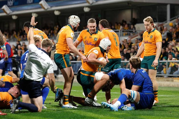 RUGBY AUSTRALIA ITALY, Josh Canham of the Wallabies scores a try during the Nations Championship Round 3 match between the Australian Wallabies and the Italian Azzurri at HBF Park in Perth, Saturday, July 18, 2026. ( NO ARCHIVING, EDITORIAL USE ONLY PERTH WESTERN AUSTRALIA AUSTRALIA  Copyright: xRICHARDxWAINWRIGHTx 20260718111515212437