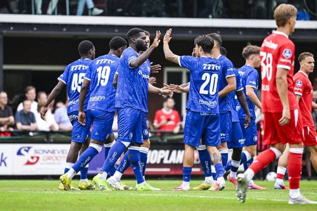 Gent s Wilfried Kanga celebrates after scoring during a friendly game between KAA Gent and Dutch FC Twente, at the summer training camp of Belgian first division soccer team KAA Gent in De Lutte, Losser, the Netherlands on Saturday 18 July 2026, to prepare for the upcoming 2026-2027 season. TOM GOYVAERTS TomxGoyvaerts  x181409039x