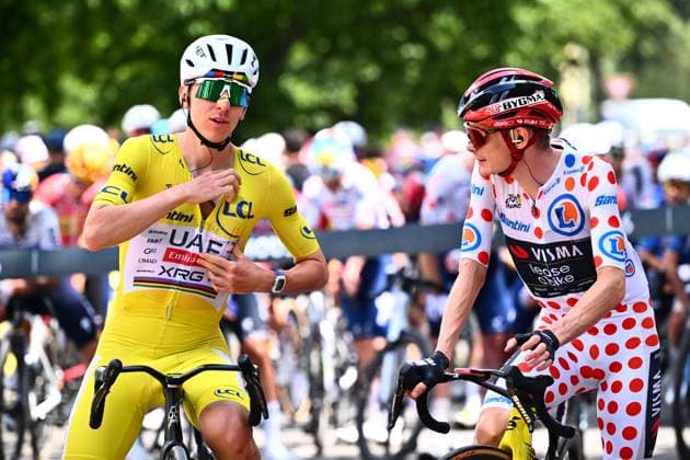 Slovenian Tadej Pogacar of UAE Team Emirates XRG and Danish Jonas Vingegaard of Team Visma-Lease a Bike are pictured before stage 14 of the 2026 Tour de France cycling race, a stage of 155km from Mulhouse to Le Markstein Fellering, on Saturday 18 July 2026. The 113th edition of the Tour de France starts on Saturday 4 July in Barcelona, Spain, and will finish in Paris, France on the 26th of July. POOLxGREGORYxVANxGANSEN  x181409617x