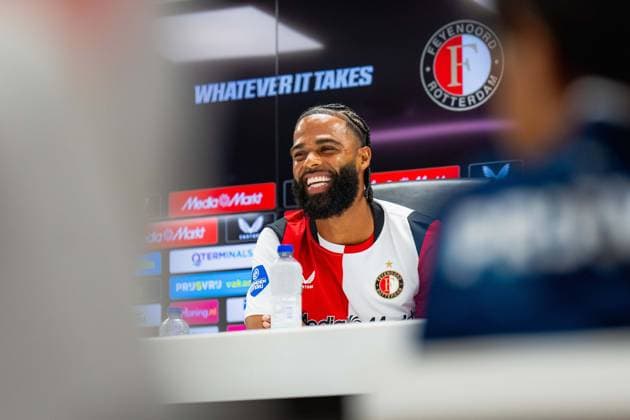 ROTTERDAM, 18-07-2026, Stadium Feijenoord de Kuip , Feyenoord Festival fan day , Season 2026 2027 , Picture shows Feyenoord player Jeremiah St. Juste during kids press conference, PK, Pressekonferenz Feyenoord festival 2026  x205086037x Copyright:
