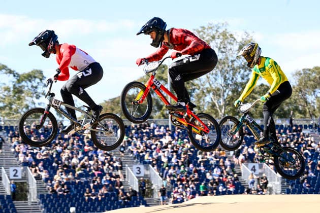 RECORD DATE NOT STATED 18th July 2026; Brisbane SX International BMX Centre, Brisbane, Queensland, Australia: 2026 UCI BMX Racing World Championships, Day Two; 158 Ryan TOUGAS (Men Elite) CAN and 227 Kristers APELS (Men Elite) LAT and 220 Guilherme RIBEIRO (Men Elite) BRA during practice on day 2 NigelxOwen