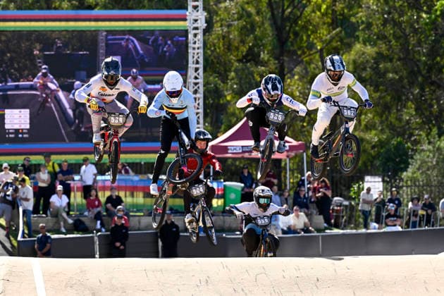 RECORD DATE NOT STATED 18th July 2026; Brisbane SX International BMX Centre, Brisbane, Queensland, Australia: 2026 UCI BMX Racing World Championships, Day Two; 535 Clement ROCHERIEUX (Men Under 23) FRA and 562 Jordan CALLUM (Men Under 23) AUS during round 1 heat NigelxOwen