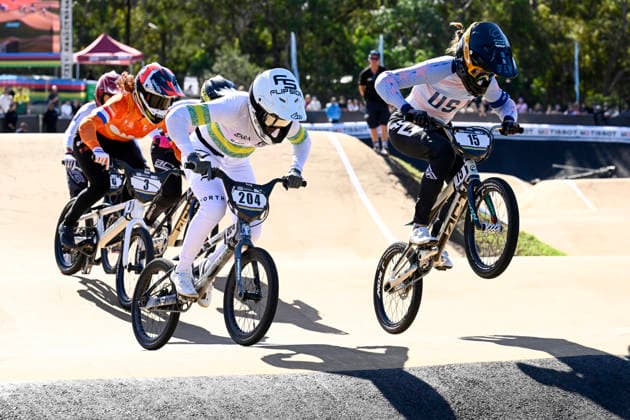 RECORD DATE NOT STATED 18th July 2026; Brisbane SX International BMX Centre, Brisbane, Queensland, Australia: 2026 UCI BMX Racing World Championships, Day Two; 15 Payton RIDENOUR (Women Elite) USA leads 204 Isabell MAY (Women Elite) AUS during the round 1 heat NigelxOwen