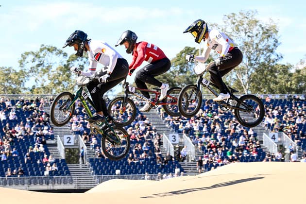RECORD DATE NOT STATED 18th July 2026; Brisbane SX International BMX Centre, Brisbane, Queensland, Australia: 2026 UCI BMX Racing World Championships, Day Two; 87 Kye WHYTE (Men Elite) GBR and 6 Magnus DYHRE (Men Elite) DEN and 70 Mateo CARMONA GARCIA (Men Elite) COL during practice on day 2 NigelxOwen
