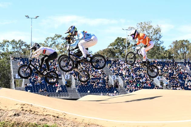 RECORD DATE NOT STATED 18th July 2026; Brisbane SX International BMX Centre, Brisbane, Queensland, Australia: 2026 UCI BMX Racing World Championships, Day Two; 222 Matthew GILSTON (Men Elite) GBR and 41 Ruben GOMMERS (Men Elite) BEL during practice on day 2 NigelxOwen
