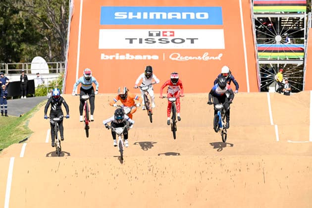 RECORD DATE NOT STATED 18th July 2026; Brisbane SX International BMX Centre, Brisbane, Queensland, Australia: 2026 UCI BMX Racing World Championships, Day Two; race start for the heats of the womens u23 round 1 heat 505 Alexis ALDEN (Women Under 23) USA leads the race NigelxOwen