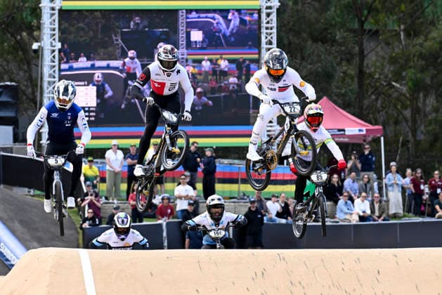 RECORD DATE NOT STATED 18th July 2026; Brisbane SX International BMX Centre, Brisbane, Queensland, Australia: 2026 UCI BMX Racing World Championships, Day Two; 22 Ross CULLEN (Men Elite) GBR leads 16 Filib STEINER (Men Elite) SUI during round 1 heats NigelxOwen