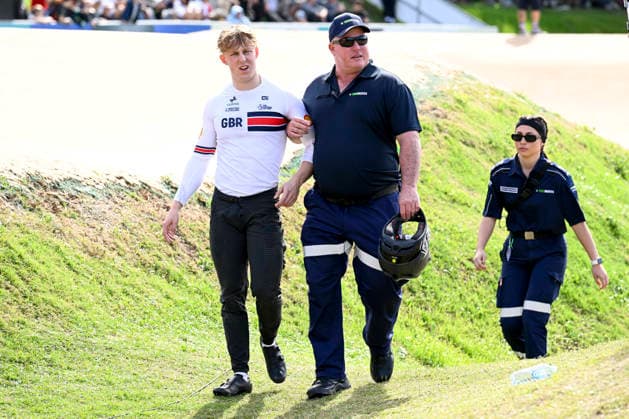 RECORD DATE NOT STATED 18th July 2026; Brisbane SX International BMX Centre, Brisbane, Queensland, Australia: 2026 UCI BMX Racing World Championships, Day Two; 222 Matthew GILSTON (Men Elite) GBR is assisted from the track after crashing in round 1 heats NigelxOwen