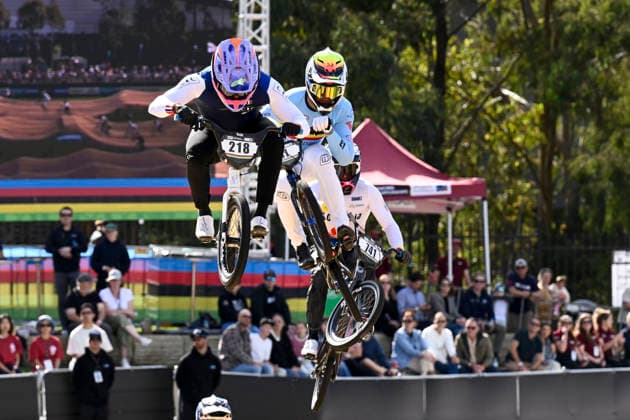RECORD DATE NOT STATED 18th July 2026; Brisbane SX International BMX Centre, Brisbane, Queensland, Australia: 2026 UCI BMX Racing World Championships, Day Two; 218 Leo GAROYAN (Men Elite) FRA leads 41 Ruben GOMMERS (Men Elite) BEL during round 1 heats NigelxOwen