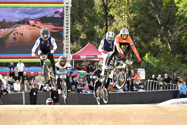RECORD DATE NOT STATED 18th July 2026; Brisbane SX International BMX Centre, Brisbane, Queensland, Australia: 2026 UCI BMX Racing World Championships, Day Two; 217 Jason NOORDAM (Men Elite) NED leads 100 Romain MAHIEU (Men Elite) FRA during the elite mens eighth final heats NigelxOwen