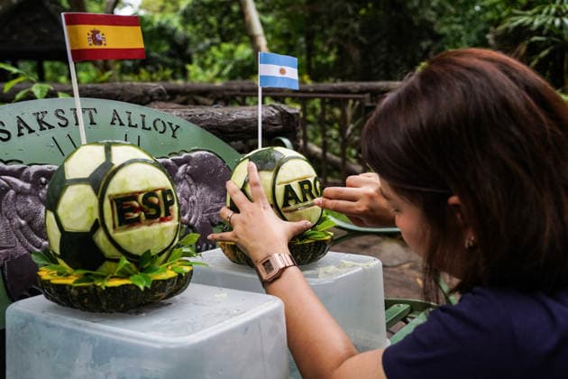 Moo Deng Predicts Winner Of FIFA World Cup, WM, Weltmeisterschaft, Fussball 2026. A zookeeper carves soccer ball-shaped watermelons decorated with Spain s and Argentina s national flags for pygmy hippopotamus Moo Deng to predict the winner of the FIFA World Cup 2026 choosing the Argentina side over Spain during a prediction event at Khao Kheow Open Zoo in Chonburi Province, Thailand. Chonburi Province Chonburi Province Thailand  Copyright: xAnusakxLaowilasx originalFilename:laowilas-notitle260718_nphPU.jpg