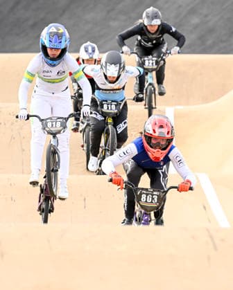 RECORD DATE NOT STATED 18th July 2026; Brisbane SX International BMX Centre, Brisbane, Queensland, Australia: 2026 UCI BMX Racing World Championships, Day Two; 803 Camille BROUCHIER (Women Junior) FRA leads 818 Isla BASA (Women Junior) AUS during the juniors quarter final heats NigelxOwen
