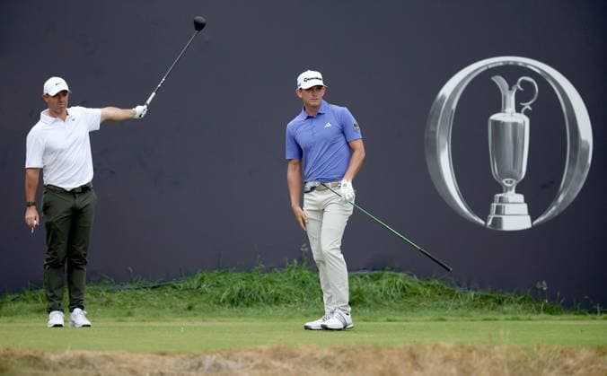 154th Open Golf Championships - Round 3 Rory McIlroy (L) of Northern Ireland and Jacob Bridgeman of the USA prepare for their tee off on the 1st hole during Round 3 of the British Open Golf Championships at Royal Birkdale in Southport, Britain, 18 July 2026. SOUTHPORT UNITED KINGDOM  Copyright: xADAMxVAUGHANx