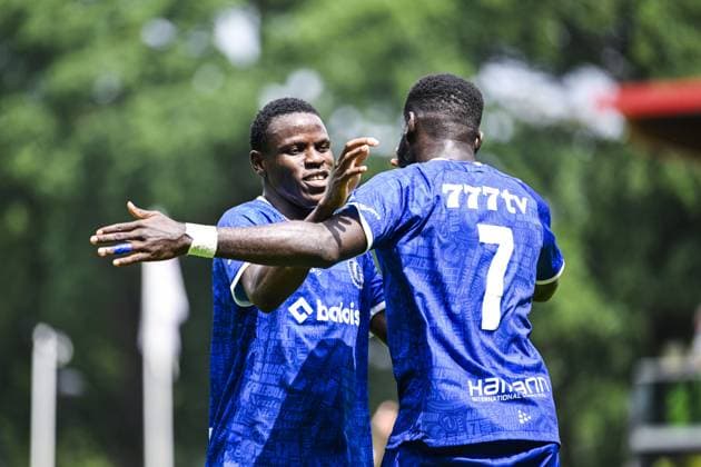 Gent s Hyllarion Goore and Gent s Wilfried Kanga celebrate after scoring during a friendly game between KAA Gent and Dutch FC Twente, at the summer training camp of Belgian first division soccer team KAA Gent in De Lutte, Losser, the Netherlands on Saturday 18 July 2026, to prepare for the upcoming 2026-2027 season. TOM GOYVAERTS TomxGoyvaerts  x181411923x