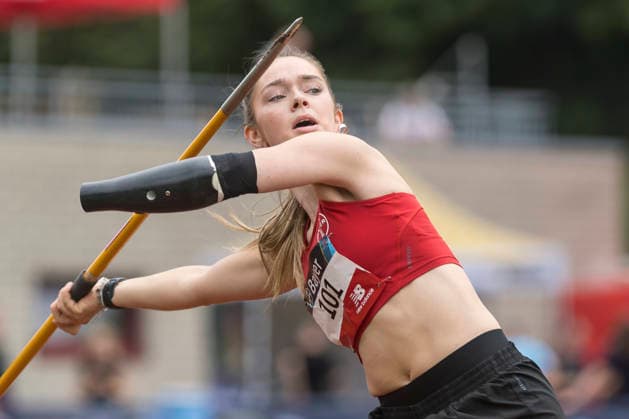LEVERKUSEN, GERMANY - JULY 18, 2026 : German Record - Lise Petersen (GER Hamburger SV) competing during the javelin throw of the Para Heimspiel 7.0 at Fritz Jacobi Sports Complex on July 18, 2026 in Leverkusen, Germany. Northrhine-Westphalia Germany Copyright: xAxelxKohringx