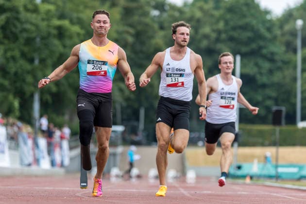 LEVERKUSEN, GERMANY - JULY 18, 2026 : Felix Streng (GER Sprintteam Wetzlar), Felix Thurn (GER LT DSHS Koeln), Marius Koenig (GER LT DSHS Koeln) competing in the 100m during the Para Heimspiel 7.0 at Fritz Jacobi Sports Complex on July 18, 2026 in Leverkusen, Germany. Northrhine-Westphalia Germany Copyright: xAxelxKohringx