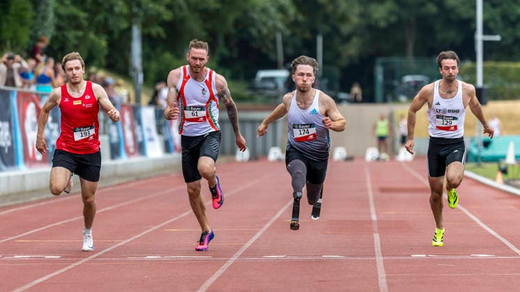LEVERKUSEN, GERMANY - JULY 18, 2026 : Julian Wuerfel (GER LG Rhein-Wied), Andreas Walser (GER LG Augsburg), Olivier Hendriks (NED Niederlande Para Athletiek), Benedict Krause (GER LT DSHS Koeln) competing in the 100m during the Para Heimspiel 7.0 at Fritz Jacobi Sports Complex on July 18, 2026 in Leverkusen, Germany. Northrhine-Westphalia Germany Copyright: xAxelxKohringx