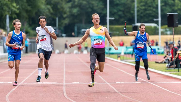 LEVERKUSEN, GERMANY - JULY 18, 2026 : Marco Cicchetti (ITA Italien), Daniel Thellman-Gross (GER TSV Schwarz-Weiss Radevormwald), Levi Vloet (NED Niederlande Para Athletiek), Davide Bartolo Morana (ITA Italien) competing in the 100m during the Para Heimspiel 7.0 at Fritz Jacobi Sports Complex on July 18, 2026 in Leverkusen, Germany. Northrhine-Westphalia Germany Copyright: xAxelxKohringx