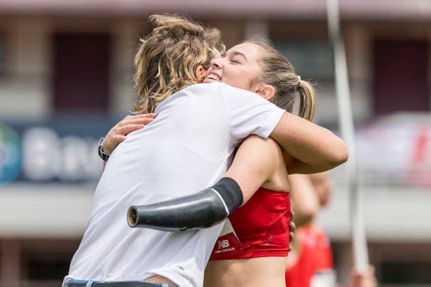 LEVERKUSEN, GERMANY - JULY 18, 2026 : Former javelin throw world champion Steffie Nerius celebrates with Lise Petersen (GER) during the Para Heimspiel 7.0 at Fritz Jacobi Sports Complex on July 18, 2026 in Leverkusen, Germany. Northrhine-Westphalia Germany Copyright: xAxelxKohringx
