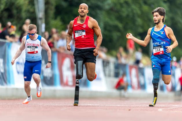 LEVERKUSEN, GERMANY - JULY 18, 2026 :Kyle Keyworth (GBR Manchester Harriers), Leon Schaefer (GER TSV Bayer 04 Leverkusen), Francesco Imperio (ITA Italien) competing in the 100m during the Para Heimspiel 7.0 at Fritz Jacobi Sports Complex on July 18, 2026 in Leverkusen, Germany. Northrhine-Westphalia Germany Copyright: xAxelxKohringx