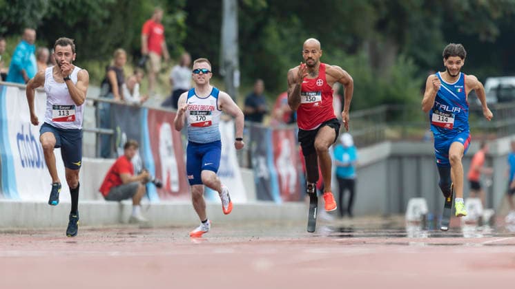 LEVERKUSEN, GERMANY - JULY 18, 2026 : Marino Emanuele Di (ITA Italien), Kyle Keyworth (GBR Manchester Harriers), Leon Schaefer (GER TSV Bayer 04 Leverkusen, Francesco Imperio (ITA Italien) competing in the 100m during the Para Heimspiel 7.0 at Fritz Jacobi Sports Complex on July 18, 2026 in Leverkusen, Germany. Northrhine-Westphalia Germany Copyright: xAxelxKohringx
