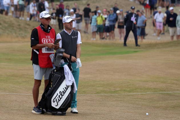RECORD DATE NOT STATED 18th July 2026; Royal Birkdale Golf Club, Southport, Merseyside, England; The Open Championship Round Three; Justin Thomas (USA) with his caddie at the second fairway DavidxBlunsden