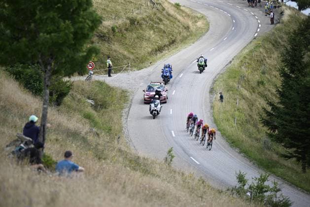 The breakaway group pictured during stage 14 of the 2026 Tour de France cycling race, a stage of 155km from Mulhouse to Le Markstein Fellering, on Saturday 18 July 2026. The 113th edition of the Tour de France starts on Saturday 4 July in Barcelona, Spain, and will finish in Paris, France on the 26th of July. JASPERxJACOBS  x181417132x